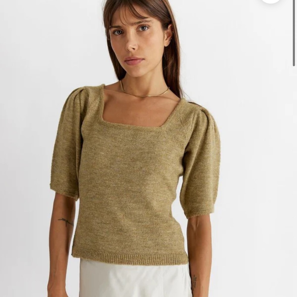 ba&sh Olive Green Square Neck Puff Sleeve Sweater